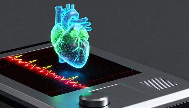 Holographic wireframe heart hovering above medical monitor showing ecg waveform