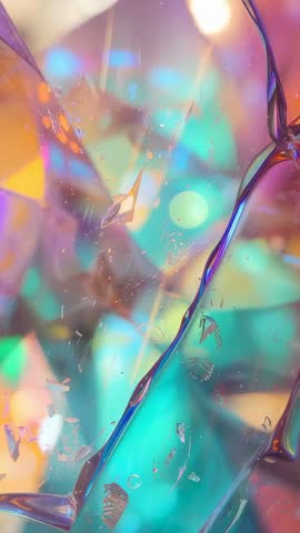 Exploring iridescent sheet tracing seam with prismatic bokeh and droplets — vertical video