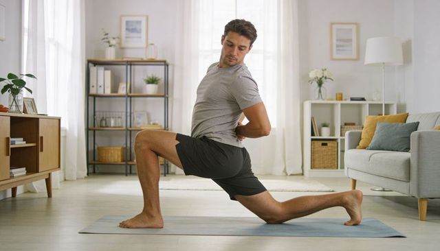 Fit man performing deep lunge stretch on yoga mat in bright minimalist living room