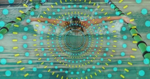 Female swimmer cutting through lap lane with teal dotted concentric digital overlay