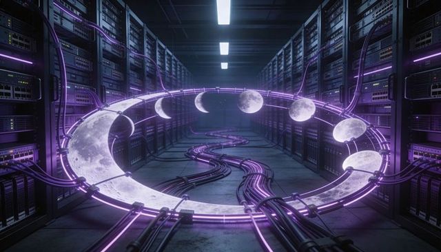Neon lunar-phase ring connecting purple cables in futuristic data center cyberpunk server aisle
