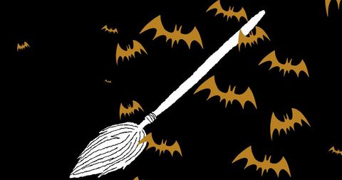 Flying Broomstick Among Bats on Dark Background