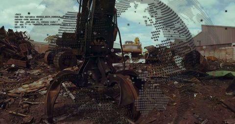 Scrapyard with Global Data Overlay Representing Recycling Industry