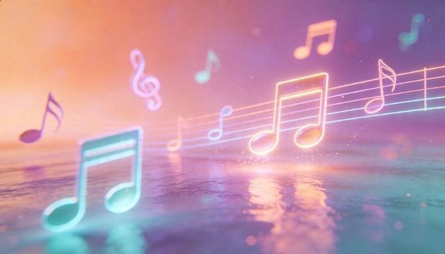 Floating glowing neon musical notes and treble clef reflecting on dreamy pastel floor