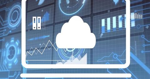 Cloud Computing Dashboard Displaying Data Analytics on Laptop HUD Visualization and Charts
