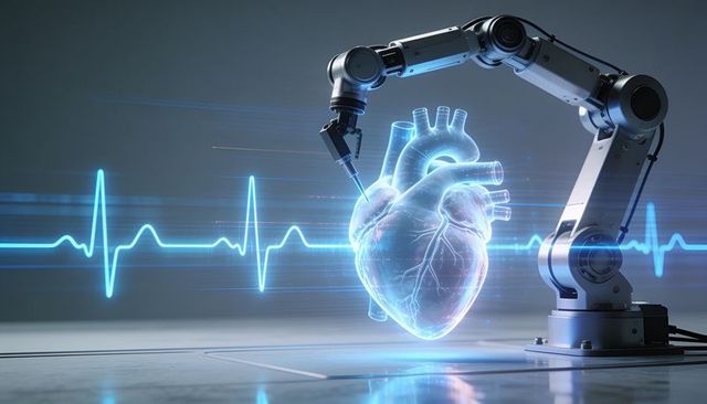 Robotic surgical arm performing holographic heart repair with live ecg overlay