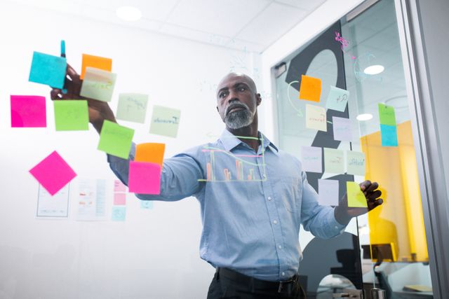 Senior African American Businessman Brainstorming with Sticky Notes on Glass Wall - Download Free Stock Photos Pikwizard.com