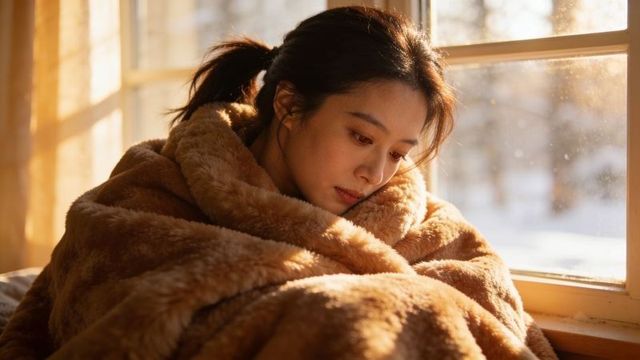 Asian woman snuggling in brown faux-fur blanket gazing from sunlit window on snowy morning