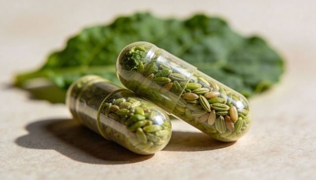 Capsules containing green seeds on leaf for plant-based supplement and wellness concept