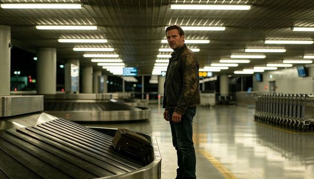 Midlife traveler standing at empty airport baggage claim watching suitcase on carousel