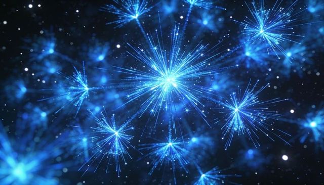 Glowing blue starburst cluster radiating neon filaments in dark cosmic abstract nebula