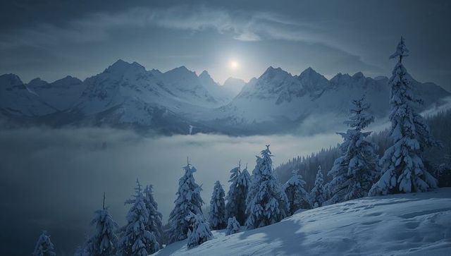 Moonlight illuminating snow-covered evergreens and mist-filled alpine valley