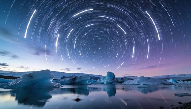 Glacial lagoon reflecting sculpted icebergs under circular star trails and twilight sky