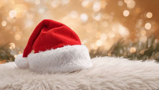 Red Santa Hat on Cream Faux Fur with Golden Bokeh Lights Holiday Background Cozy Warm Feel