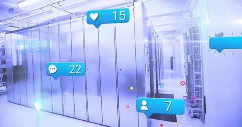 Futuristic Data Center with Social Media Engagement Elements