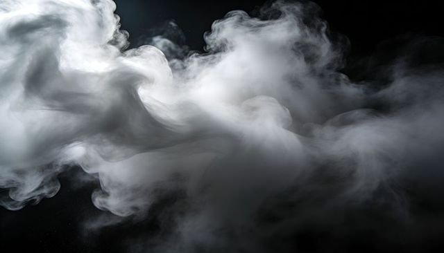 Swirling white smoke cloud flowing across dark backdrop with dramatic light reflections