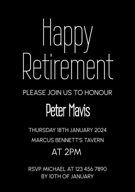 Happy retirement, please join us to honour text, with name and details in white on black background. Work retirement celebration party invitation design, digitally generated image.