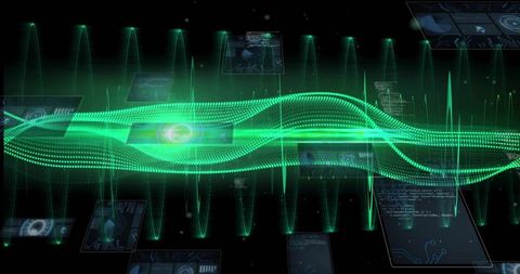 Pulsing Neon-Green Waveform Flowing Across Futuristic Holographic Dashboard
