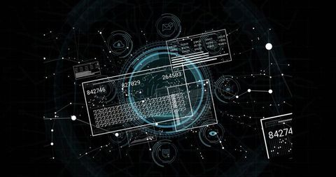 Futuristic cyber hud displaying circular data interface with keyboard overlay and numbers