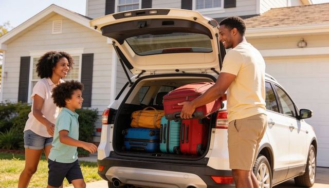 Family loading colorful luggage into suv for summer road trip smiling parents and child preparing va