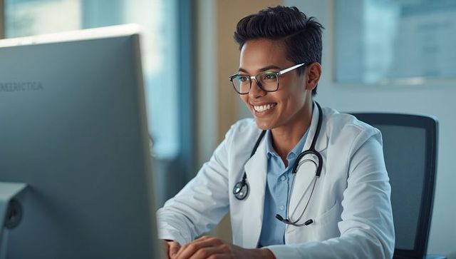 Female physician smiling while typing on computer in modern clinic with stethoscope