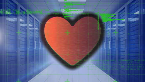 Heart Icon and Digital Data Processing in Server Room