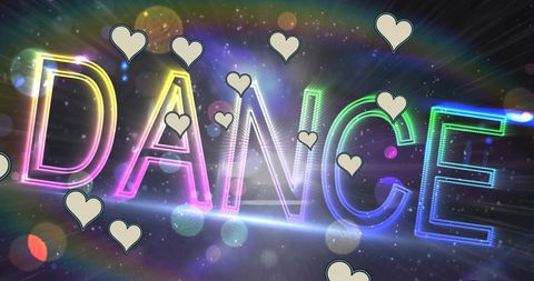Neon dance text with hearts for valentine's theme