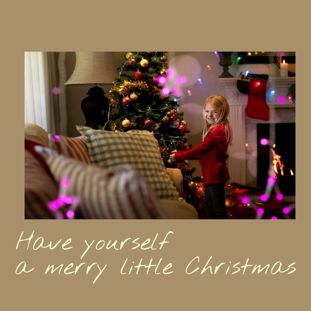 Smiling Girl Decorating Christmas Tree in Cozy Living Room - Download Free Stock Templates Pikwizard.com