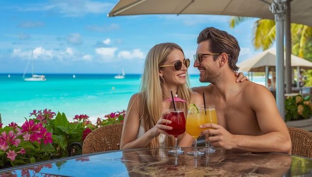 Smiling couple enjoying tropical cocktails by the sea