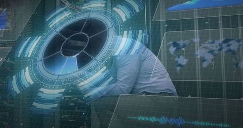 Digital data processing overlay with it technician in server room