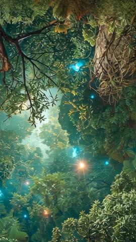 Vertical Video Tilting Up Through Enchanted Canopy with Drifting Bioluminescent Orbs