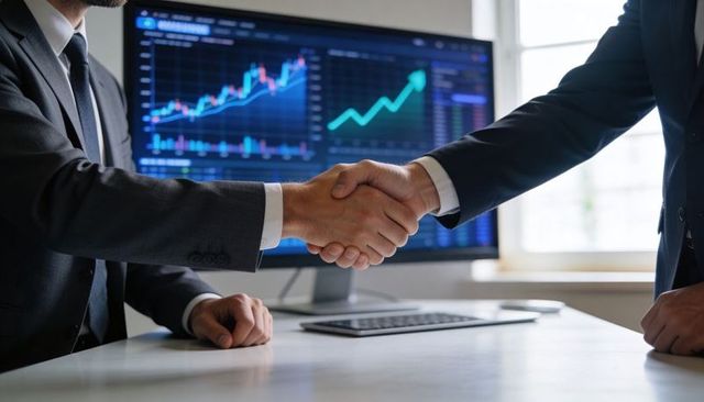 Business handshake sealing investment deal with rising stock charts on desktop monitor