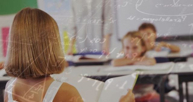 Girl with Open Book Reading in Classroom with Math Formulas Overlay