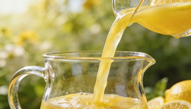 Sunlit orange juice pouring into glass pitcher with fresh lemon halves