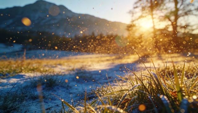 Dew-covered grass basking in golden sunrise over snowy meadow and mountain ridge