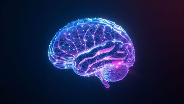 Futuristic Neon Brain Model in Digital Neural Network