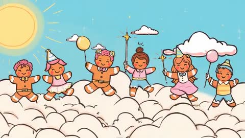 Playful kids bouncing on clouds during sunny sky party with balloons and magic wands