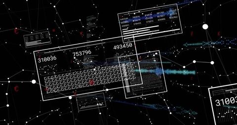 Futuristic Cyber Network Dashboard Showing Floating Data Panels, Keyboard Grid, Node Mesh