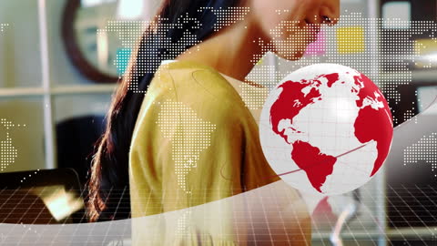 Smiling Woman in Office with Global Networking Animation