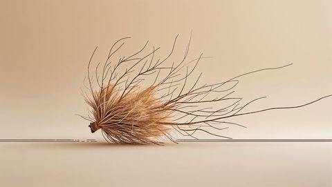 Elegant tuft of dried grass from tumbleweed on minimalist beige surface