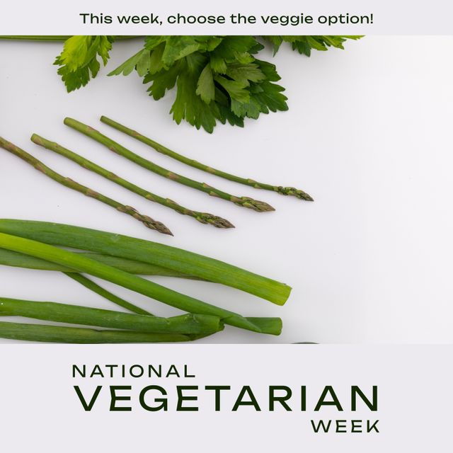 National vegetarian week text in green with asparagus and green leaves