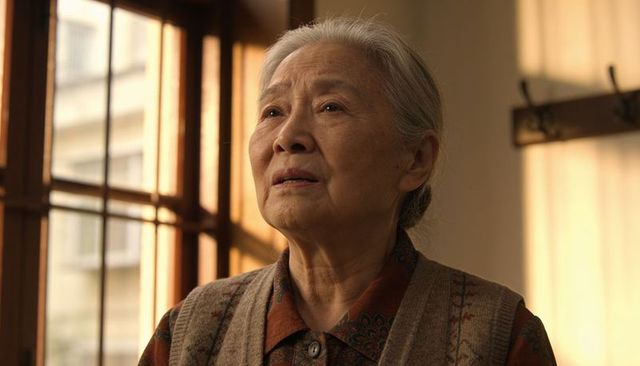 Sunlit senior woman gazing through wooden window, thoughtful portrait for elder care and memory