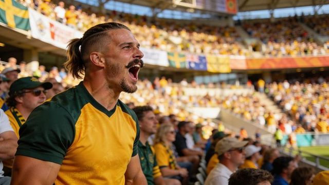 Passionate football fan shouting in yellow and green jersey during sunny stadium match
