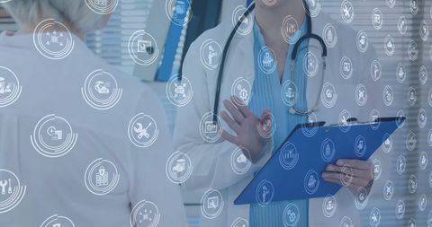 Digital healthcare interface with doctor consulting patient