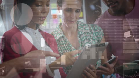 Diverse Team Collaborating with Tablet and Financial Data Overlay