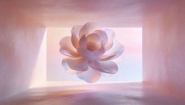 Floating pastel magnolia bloom casting soft shadow in minimalist sunlit exhibition space