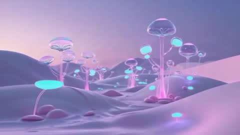 Fantasy Dusk World with Glowing Mushrooms and Pastel Landscapes