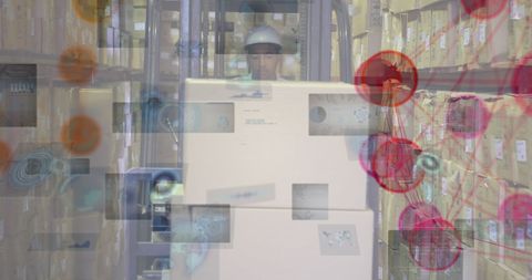 Warehouse Worker Navigating Digital Network Interface