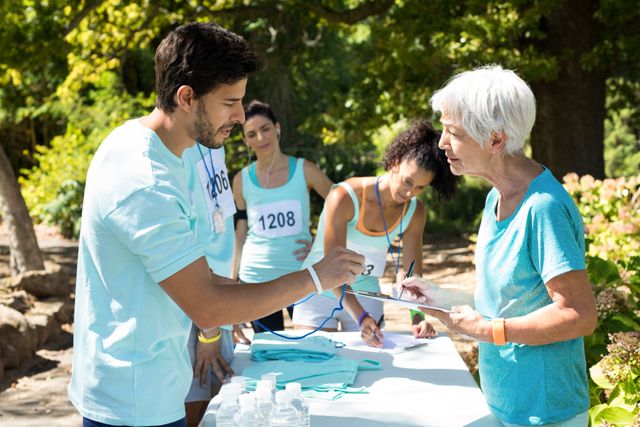 Athletes are registering for a marathon in a park. This image can be used for promoting sports events, community gatherings, health and fitness activities, and volunteer work. It highlights teamwork, preparation, and the importance of community involvement in outdoor events.