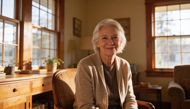 Smiling senior woman sitting in sunlit cozy living room wearing beige cardigan and wooden armchair
